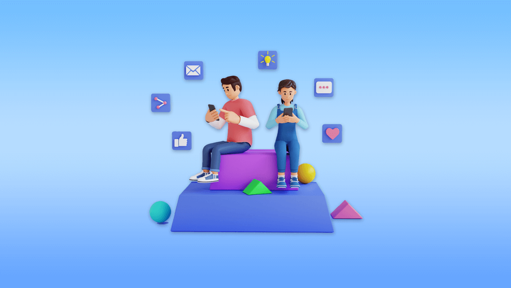 Two people looking at their phones, social media icons surrounding them 3d illustration Engaging your audience