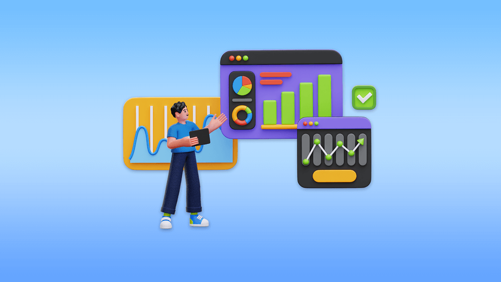 Man looking at analytics charts to mesure success of social media campaign 3d illustration, Engaging your audience