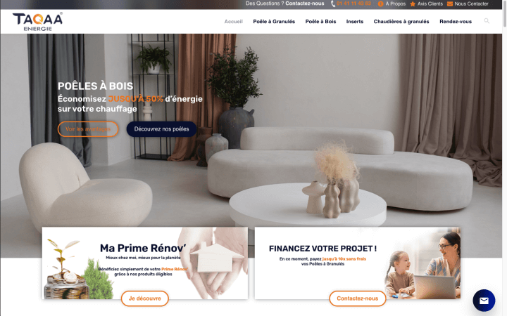 Homepage of our client Taqaa Energie showcasing our Web Development and Design. Creative Agency