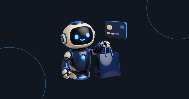 Agentic commerce: a friendly robot holding a shopping bag next to a payment card on a navy background