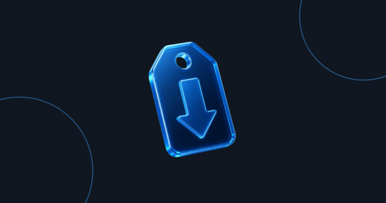 AI automation costs: a glowing blue price tag with a downward arrow on a navy background
