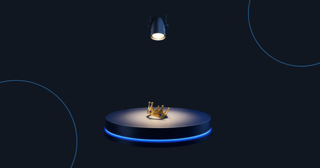 Brand preference: a spotlight on an empty podium with a fallen gold crown on a navy background