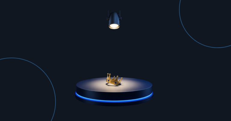 Brand preference: a spotlight on an empty podium with a fallen gold crown on a navy background