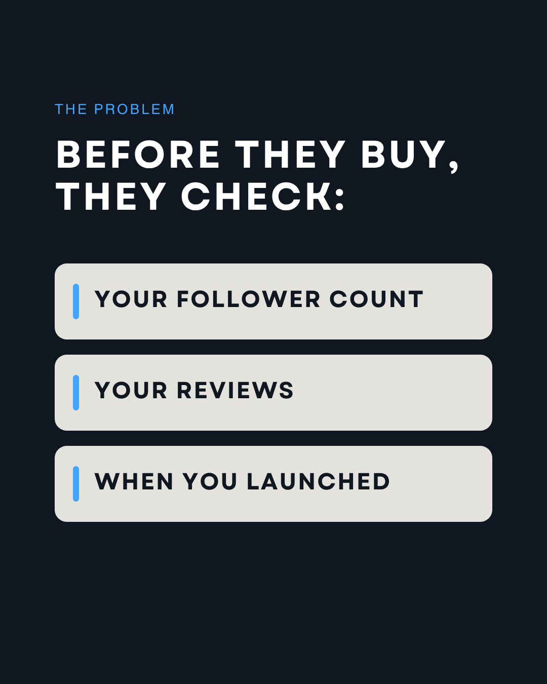 Before they buy, customers check your follower count, your reviews and when you launched