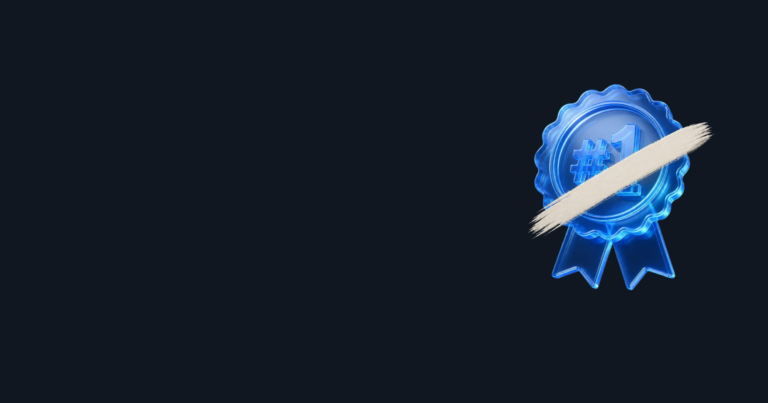 Brand storytelling: a blue #1 award badge crossed out with a cream brush stroke