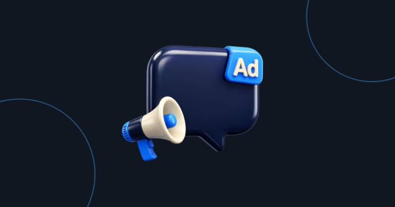 ChatGPT Ads: a navy chat bubble with a blue Ad tag and a megaphone on a navy background