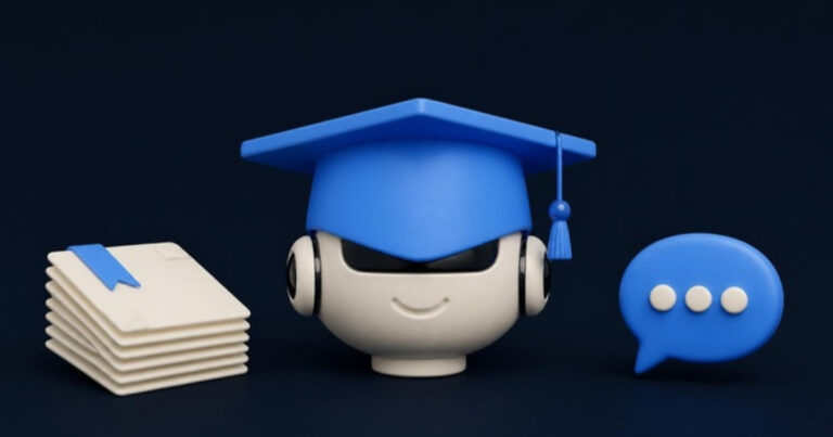 A robot wearing an oversized graduation cap, between a stack of documents and a speech bubble
