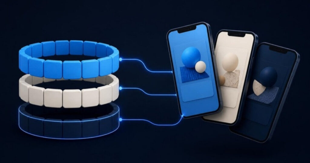 Ad creative testing: three stacked rings of cards connected to a fan of phones, each showing a different ad