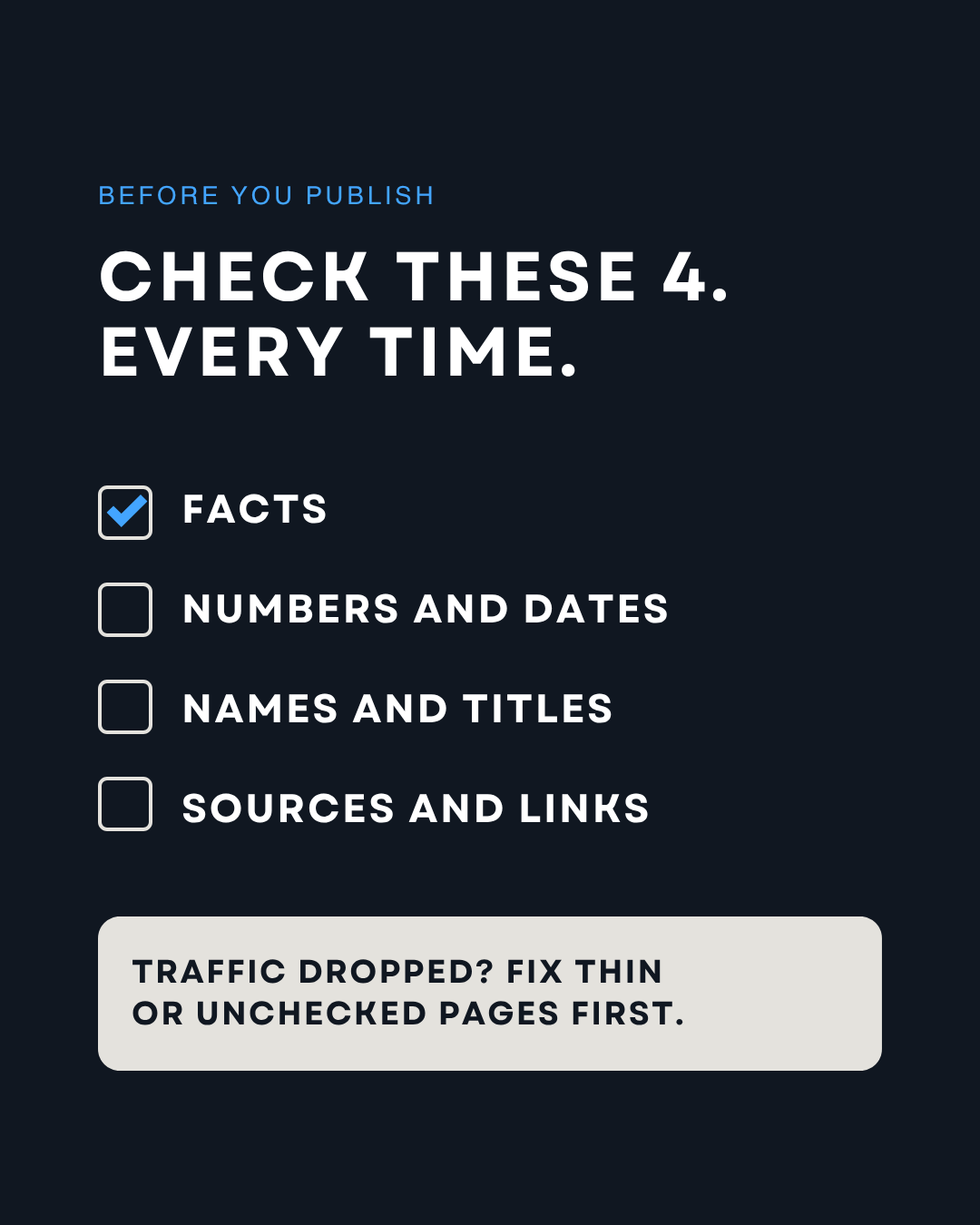 AI content and SEO checklist: check facts, numbers and dates, names and titles, sources and links before you publish