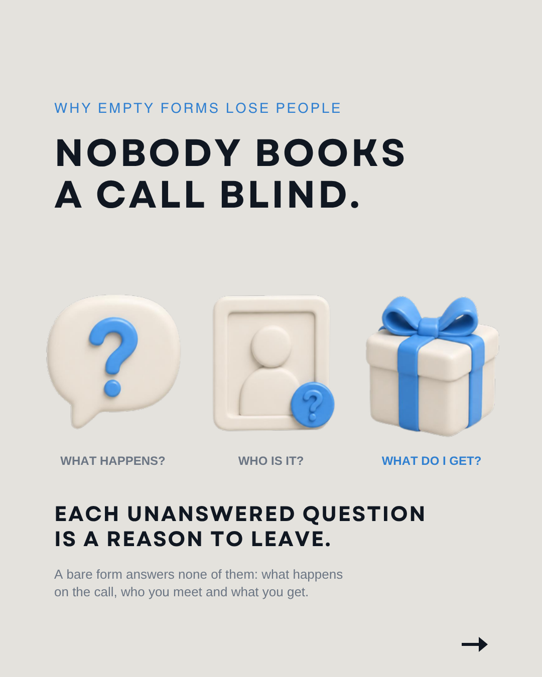 Nobody books a call blind: a visitor wants to know what happens on the call, who they will meet and what they get, and each unanswered question is a reason to leave