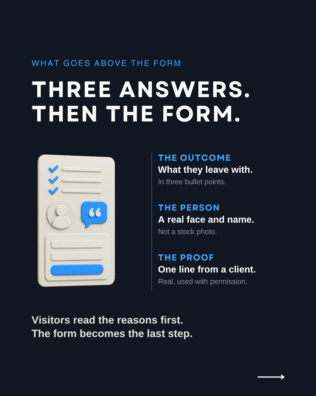 Three answers above the form: the outcome in three bullet points, a real face and name, and one real line from a client used with permission