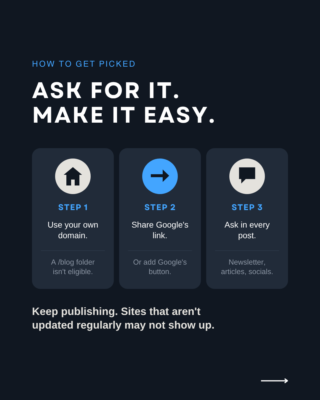 How to get picked as a preferred source in 3 steps: use your own domain, share Google's link, ask in every post