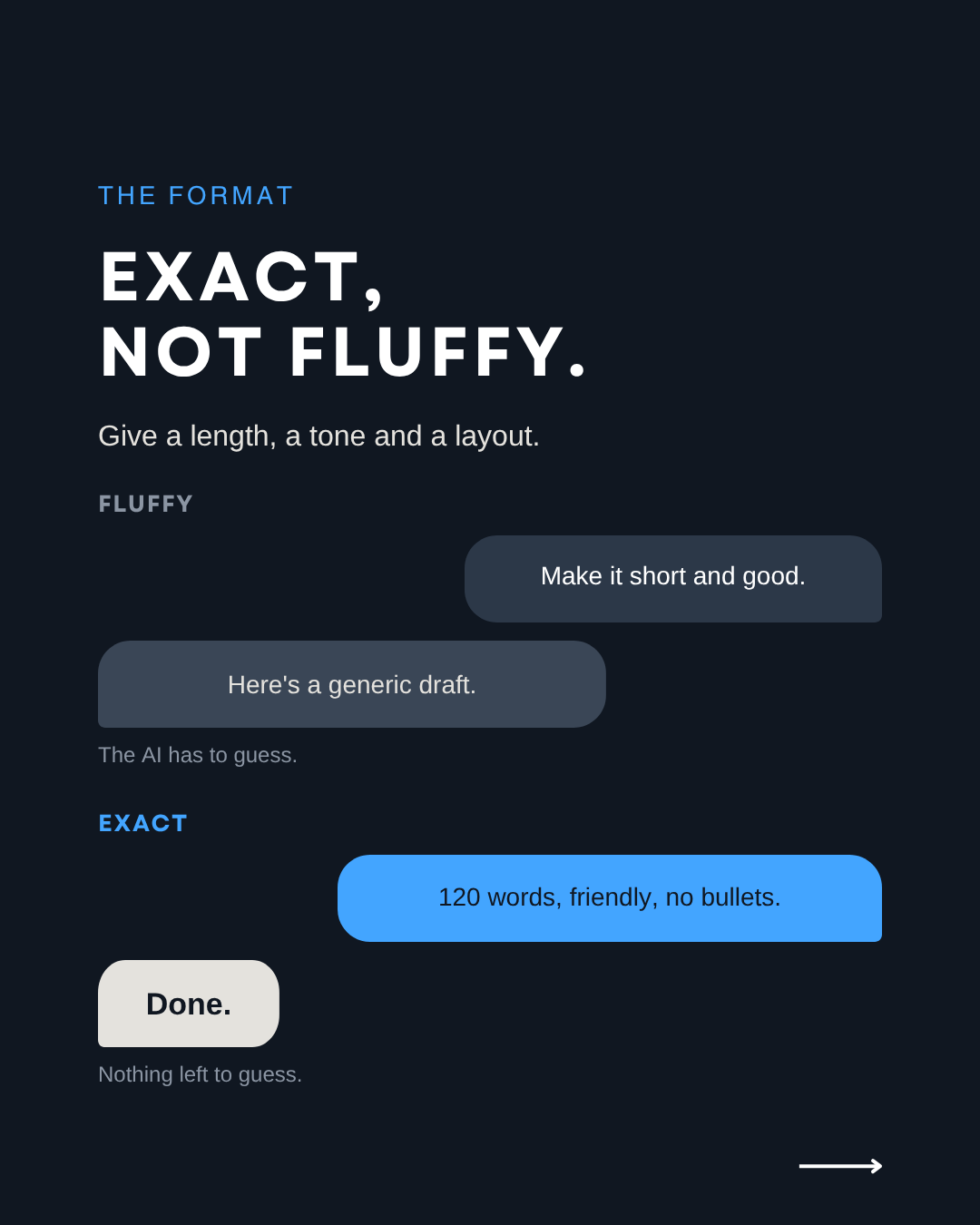 Exact, not fluffy: make it short and good leaves the AI guessing, while 120 words, friendly, no bullets leaves nothing to guess