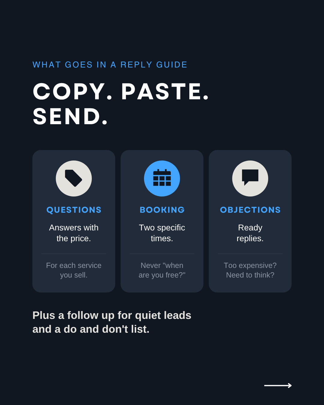What goes in a reply guide: answers with the price, two specific times, and ready replies to objections