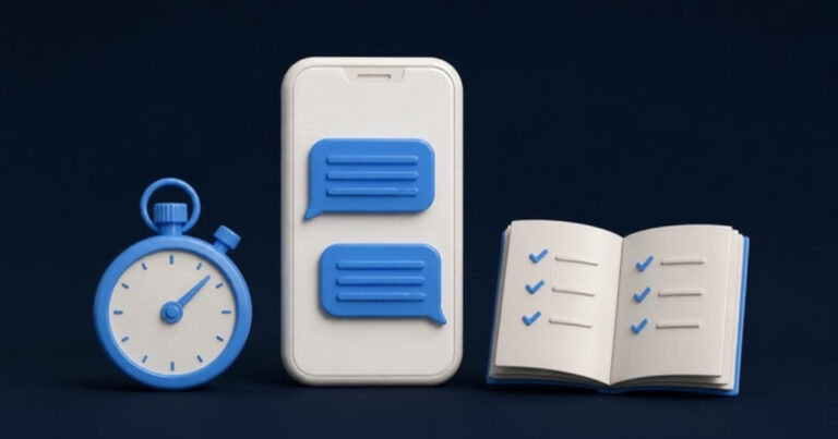 A smartphone with two chat bubbles, between a stopwatch and an open guide with check marks