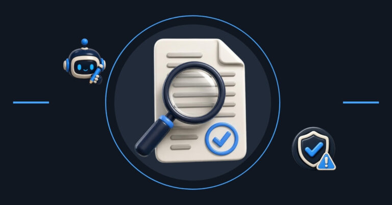 AI content and SEO: a magnifying glass checks a document with a blue checkmark, next to a small robot and a warning shield