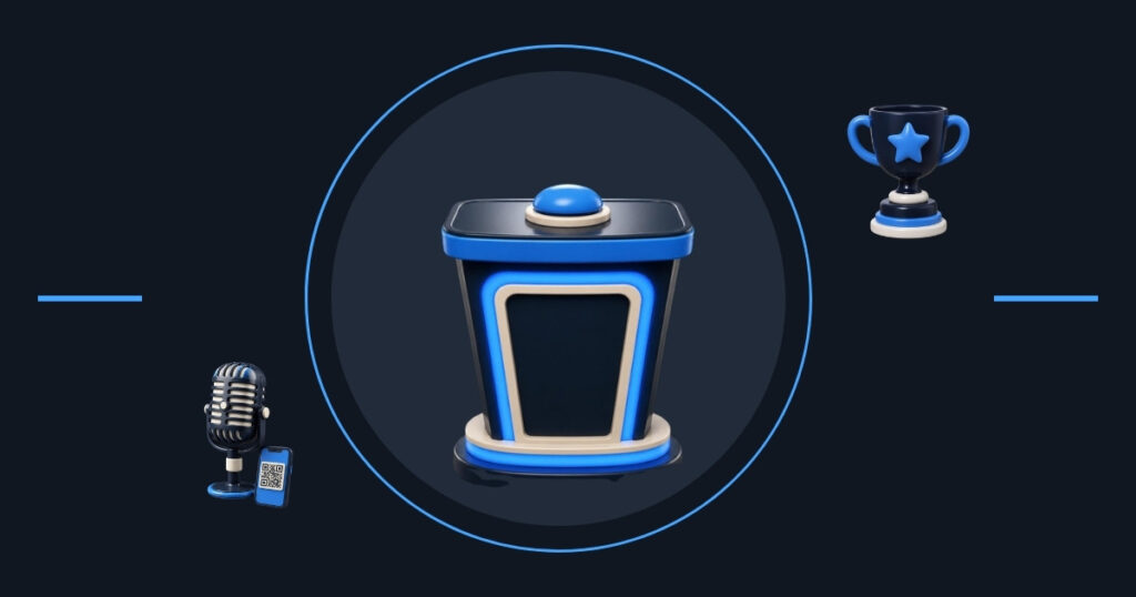 Fan content marketing: a game show podium with a blue buzzer, a trophy and a microphone next to a phone with a QR code