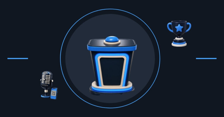 Fan content marketing: a game show podium with a blue buzzer, a trophy and a microphone next to a phone with a QR code