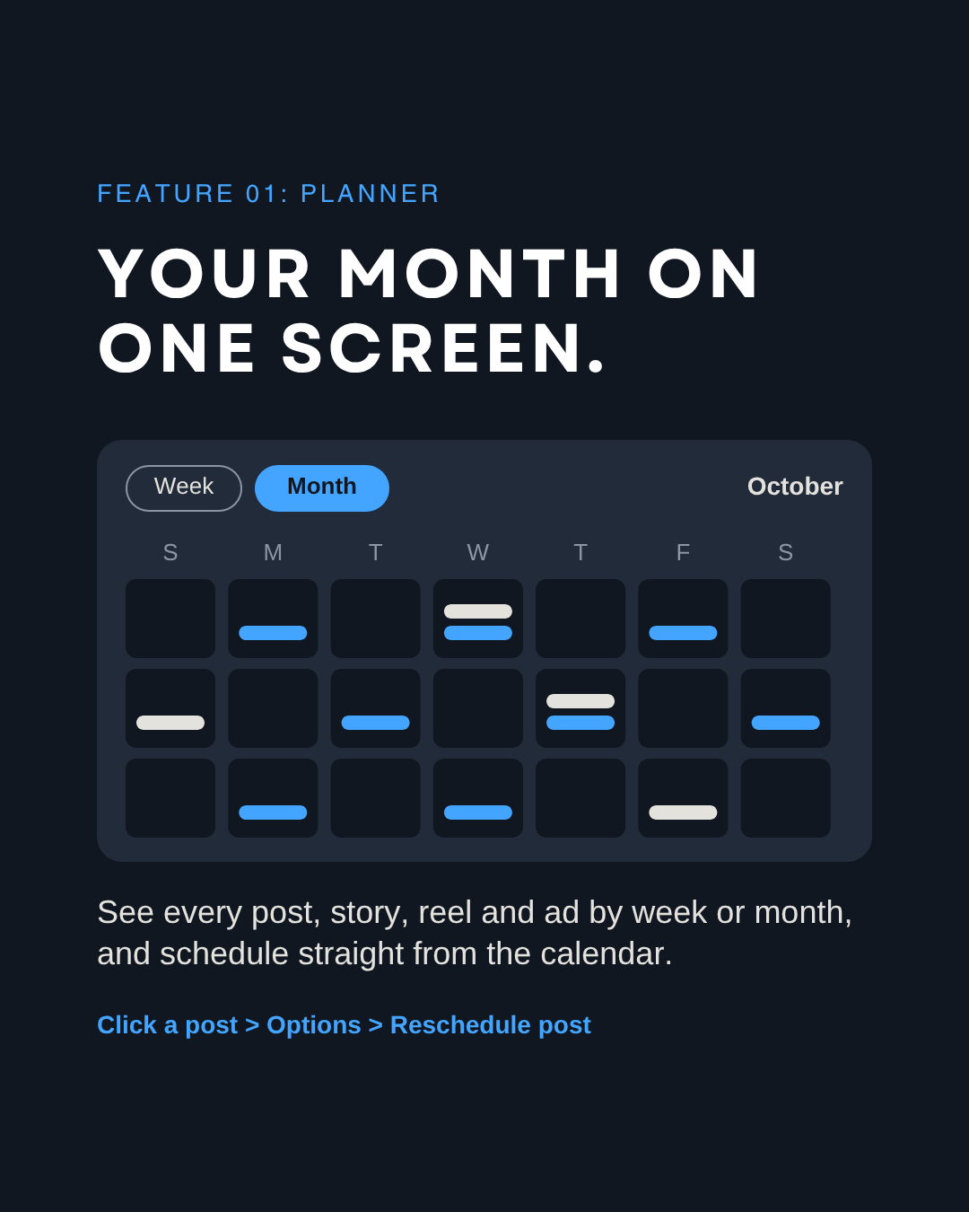 Meta Business Suite Planner calendar showing scheduled posts, stories and reels, with the path to reschedule a post