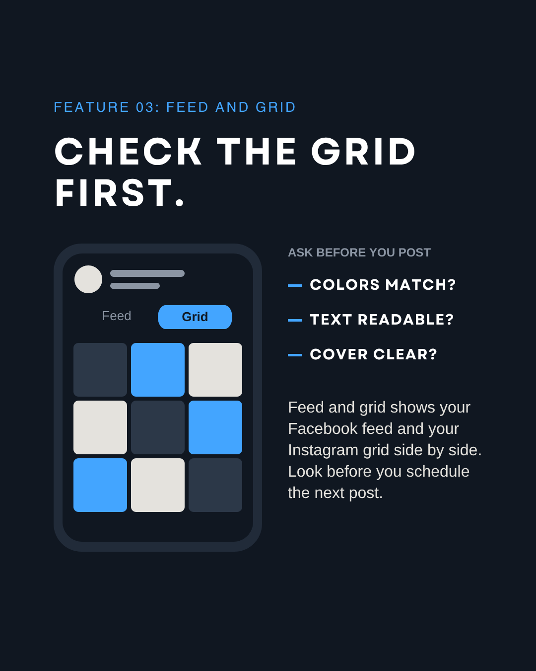 Feed and grid preview on a phone with three checks before a scheduled post goes live: colors match, text readable, cover clear
