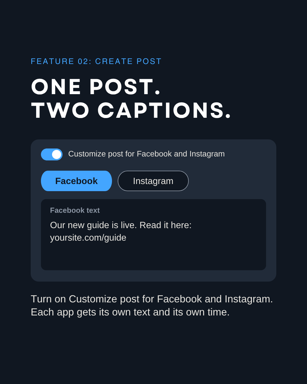 Create post screen in Meta Business Suite with Customize post for Facebook and Instagram turned on and a separate caption for each app