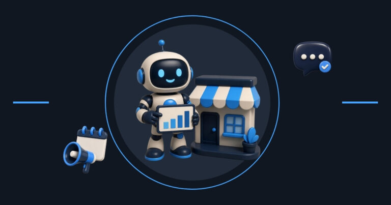 AI agent for small business: a friendly robot holding a sales chart next to a small shop, with a megaphone, a calendar and a chat bubble