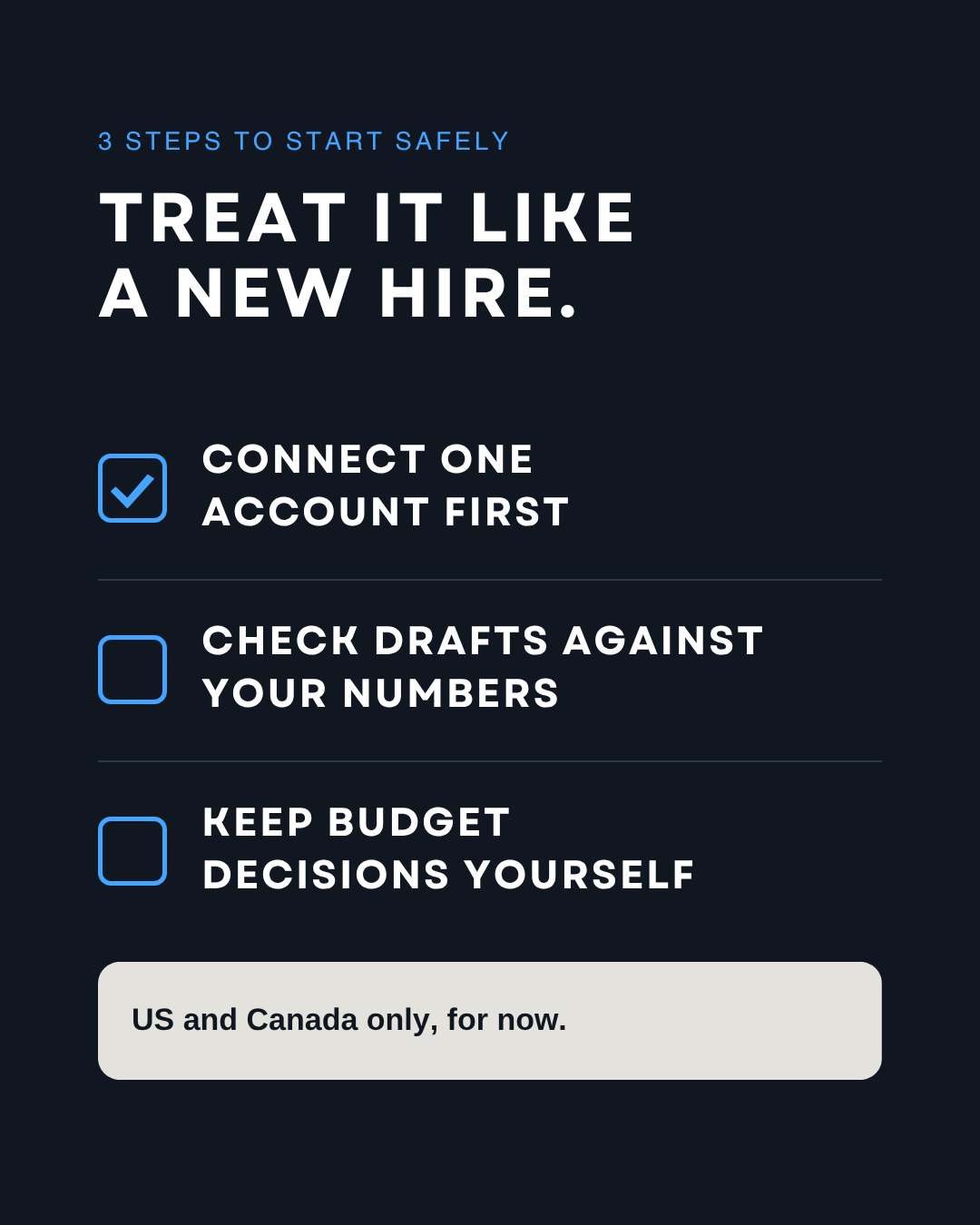 Three steps to start safely with Muse: connect one account first, check drafts against your numbers, keep budget decisions yourself