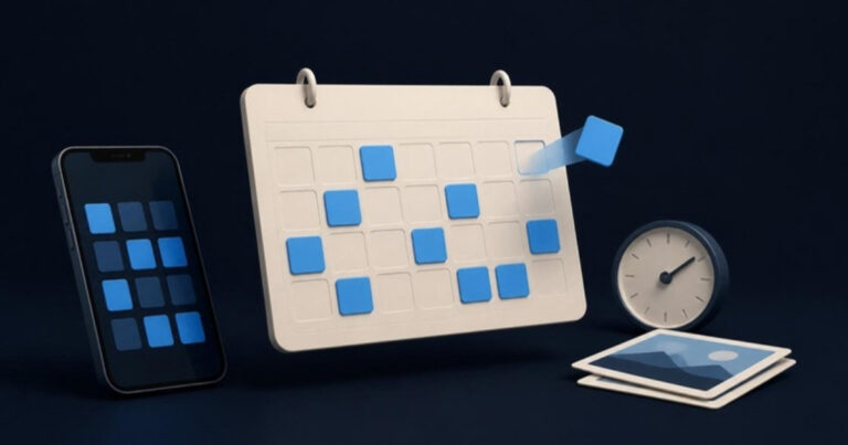 Schedule posts in Meta Business Suite: blue post tiles slide into a floating calendar, next to a phone with a grid, a clock and photo cards