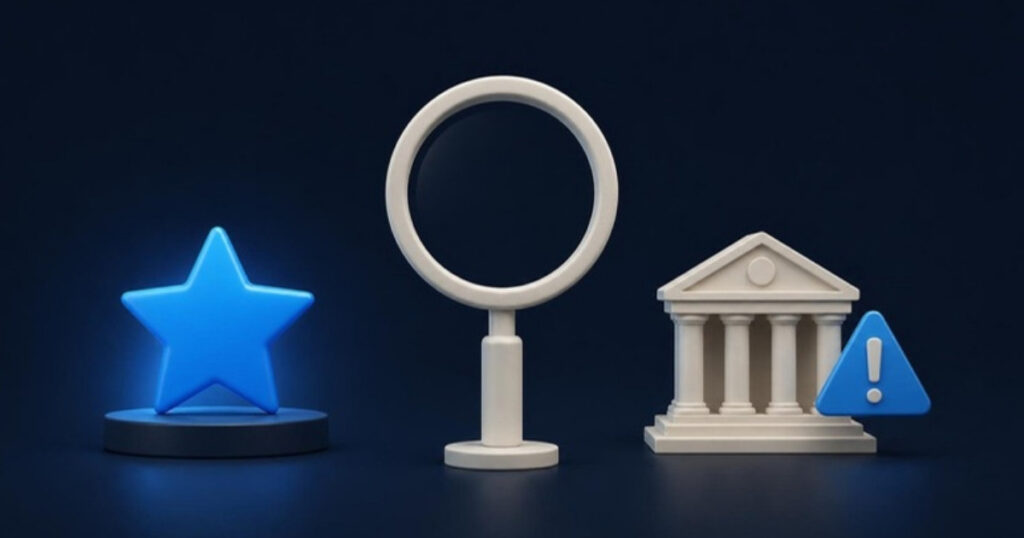 A magnifying glass between a glowing blue star and a government building with a warning sign