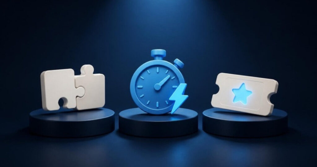 Why customers buy: a puzzle piece, a stopwatch and a ticket on three pedestals under a spotlight