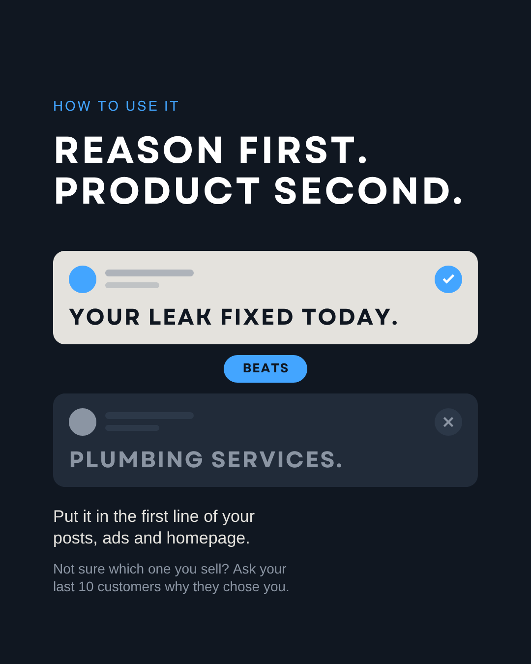 Reason first, product second: the post line Your leak fixed today beats Plumbing services